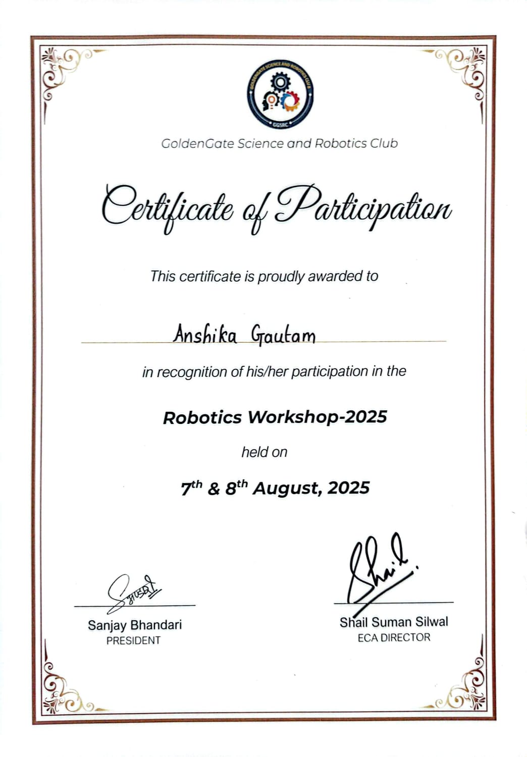 1st Position Certificate